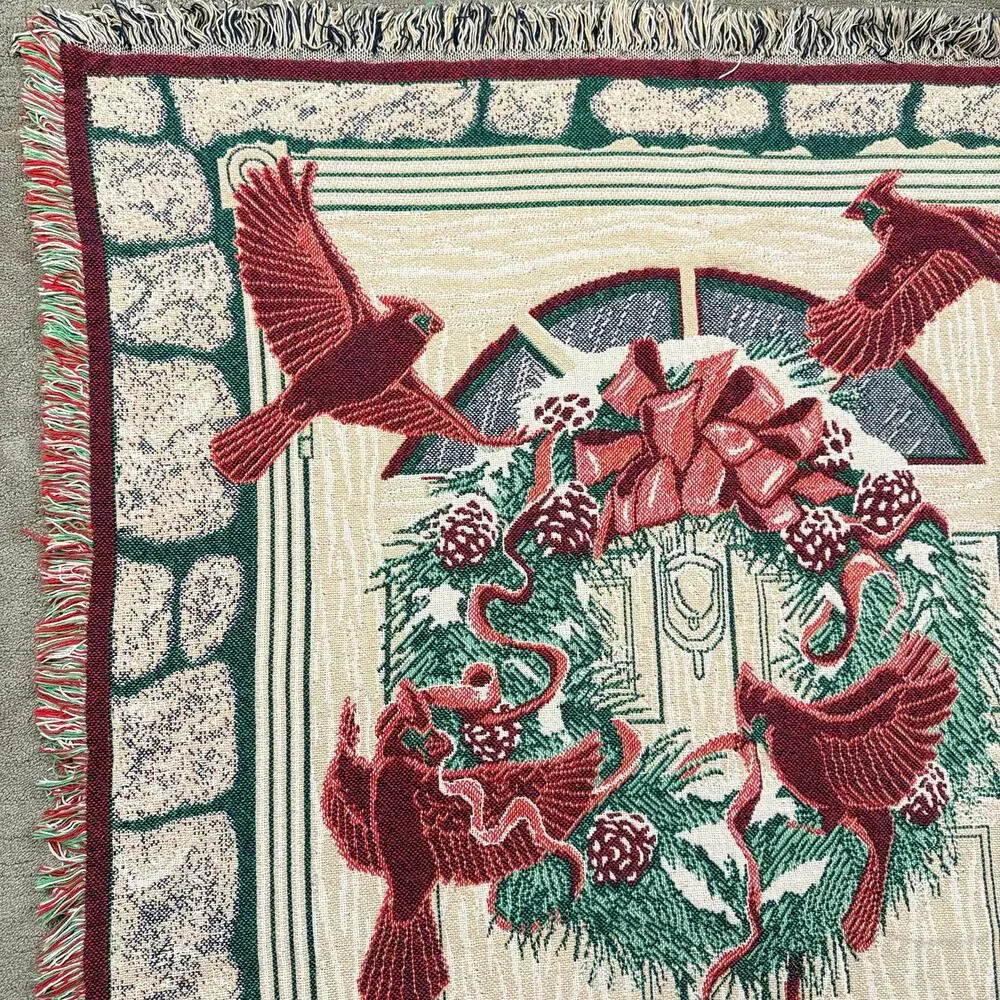 Vintage MWW 1993 Christmas Woven Tapestry Throw Blanket Wreath Cardinals 48 x 66